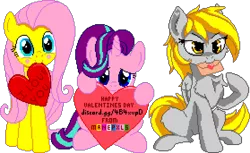 Size: 1116x684 | Tagged: safe, artist:anti1mozg, artist:comfydove, derpibooru import, editor:cocoa bittersweet, derpy hooves, fluttershy, starlight glimmer, pegasus, pony, unicorn, blushing, cheek fluff, chest fluff, cute, ear fluff, envelope, female, heart, hearts and hooves day, holding, holiday, leg fluff, letter, looking at you, love letter, manepxls, mare, mouth hold, pixel art, pxls.space, shyabetes, simple background, sitting, smiling, text, transparent background, valentine's day