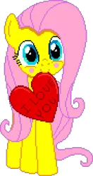 Size: 900x1710 | Tagged: safe, artist:comfydove, derpibooru import, editor:cocoa bittersweet, fluttershy, pegasus, pony, blushing, cute, female, heart, hearts and hooves day, holding, holiday, looking at you, manepxls, mare, mouth hold, pixel art, pxls.space, shyabetes, simple background, smiling, solo, text, transparent background, valentine's day