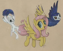 Size: 2568x2077 | Tagged: artist:brisineo, bandage, bandaged wing, bird, brown background, derpibooru import, fluttershy, ku, ori, ori and the will of the wisps, owl, pegasus, safe, signature, simple background, traditional art, wings