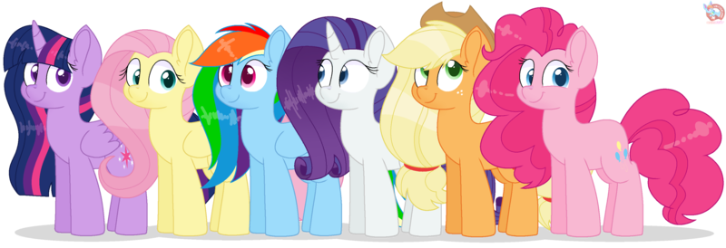 Size: 3243x1109 | Tagged: safe, artist:rainbow eevee, derpibooru import, applejack, fluttershy, pinkie pie, rainbow dash, rarity, twilight sparkle, twilight sparkle (alicorn), alicorn, earth pony, pegasus, unicorn, alternate hairstyle, applejack's hat, cowboy hat, cute, dashabetes, diapinkes, female, folded wings, hat, jackabetes, long mane, looking at you, mane six, mare, raribetes, shyabetes, simple background, smiling, smiling at you, transparent background, twiabetes, wings