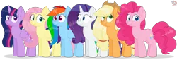 Size: 3243x1109 | Tagged: safe, artist:rainbow eevee, derpibooru import, applejack, fluttershy, pinkie pie, rainbow dash, rarity, twilight sparkle, twilight sparkle (alicorn), alicorn, earth pony, pegasus, unicorn, alternate hairstyle, applejack's hat, cowboy hat, cute, dashabetes, diapinkes, female, folded wings, hat, jackabetes, long mane, looking at you, mane six, mare, raribetes, shyabetes, simple background, smiling, smiling at you, transparent background, twiabetes, wings