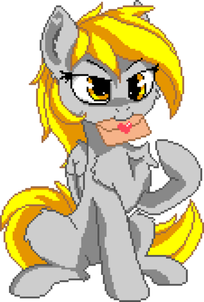 Size: 1130x1670 | Tagged: safe, artist:anti1mozg, derpibooru import, editor:cocoa bittersweet, derpy hooves, pegasus, pony, cheek fluff, chest fluff, ear fluff, envelope, female, heart, holding, leg fluff, letter, love letter, manepxls, mare, mouth hold, pixel art, pxls.space, simple background, sitting, smiling, solo, transparent background