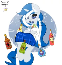 Size: 400x418 | Tagged: safe, alternate version, artist:moonglow-w, derpibooru import, oc, oc:balmoral, unofficial characters only, pony, unicorn, alcohol, beer, booze, bottle, carrot, clothes, commission, drunk, eyeshadow, female, food, hoof hold, kilt, makeup, mare, martini, martini glass, open mouth, running makeup, simple background, skirt, solo, sweater, white background, ych result