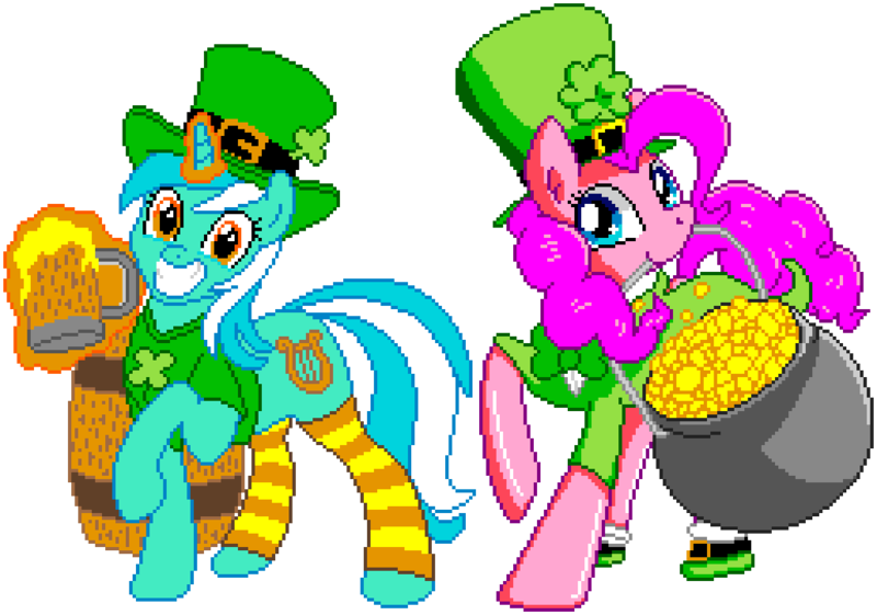 Size: 1032x724 | Tagged: safe, artist:brianblackberry, artist:frankier77, derpibooru import, editor:cocoa bittersweet, lyra heartstrings, pinkie pie, earth pony, pony, unicorn, bottomless, bowtie, clothes, clover, cutie mark, female, four leaf clover, gold, grin, hat, holding, holiday, keg, leprechaun, leprechaun hat, levitation, looking at you, magic, manepxls, mare, mouth hold, mug, partial nudity, pixel art, pot, pot of gold, pxls.space, raised hoof, saint patrick's day, shirt, simple background, smiling, socks, striped socks, telekinesis, transparent background