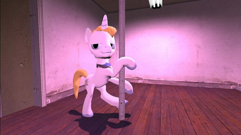 Size: 1024x575 | Tagged: 3d, artist:undeadponysoldier, bedroom eyes, derpibooru import, gmod, implied gay, male, male stripper, pole, pole dancing, prince blueblood, solo, stallion, strip club, stripper, stripper pole, suggestive