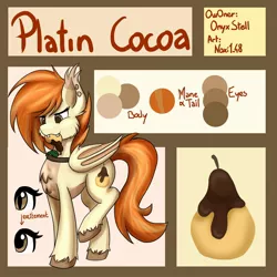 Size: 1200x1200 | Tagged: safe, artist:noxi1_48, derpibooru import, oc, oc:platin cocoa, bat pony, bat pony oc, bat wings, chocolate pear, choker, cutie mark, happy, piercing, reference sheet, unshorn fetlocks, wings