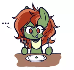 Size: 512x484 | Tagged: safe, artist:higgly-chan, derpibooru import, oc, oc:withania nightshade, unofficial characters only, earth pony, original species, plant pony, pony, ..., bib, female, food, fork, knife, mare, pea, plant, plate, silly, table