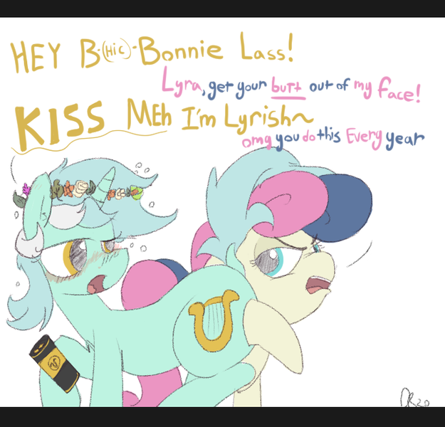 Size: 686x659 | Tagged: safe, artist:davierocket, derpibooru import, bon bon, lyra heartstrings, sweetie drops, earth pony, pony, unicorn, alcohol, beer, blushing, bon bon is not amused, dock, drunk, drunk bubbles, female, floral head wreath, flower, flower in hair, go home you're drunk, guinness, kiss my ass, lesbian, looking back, lyrabon, mare, raised tail, shipping, tail, text, unamused