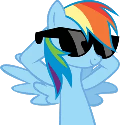 Size: 2392x2507 | Tagged: safe, artist:rainbowcrab, derpibooru import, rainbow dash, pegasus, pony, lesson zero, bust, chillaxing, cool, female, hooves behind head, mare, relaxing, simple background, smiling, solo, sunglasses, transparent background, vector, wings