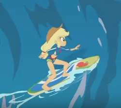 Size: 399x356 | Tagged: safe, derpibooru import, screencap, applejack, blue crushed, equestria girls, equestria girls series, barefoot, clothes, cropped, feet, legs, solo, surfboard, surfing, swimsuit