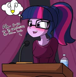 Size: 907x922 | Tagged: suggestive, artist:tjpones, derpibooru import, edit, sci-twi, twilight sparkle, equestria girls, bladder, blushing, breasts, desperation, erect nipples, full bladder, misleading thumbnail, need to pee, nipple outline, omorashi, podium, potty emergency, potty time, public speaking, solo, sweat, this will end in pee, water bottle