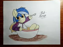 Size: 2560x1920 | Tagged: safe, artist:thebadbadger, derpibooru import, oc, oc:vía láctea, unofficial characters only, bat pony, pony, bat soup, cup, cup of pony, micro, solo, spoon, traditional art
