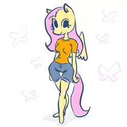 Size: 2200x2200 | Tagged: anthro, artist:saltycube, clothes, derpibooru import, female, fluttershy, full body, pegasus, plantigrade anthro, safe, shirt, shorts, simple background, smiling, solo, thigh gap, t-shirt, white background, wide hips, wings