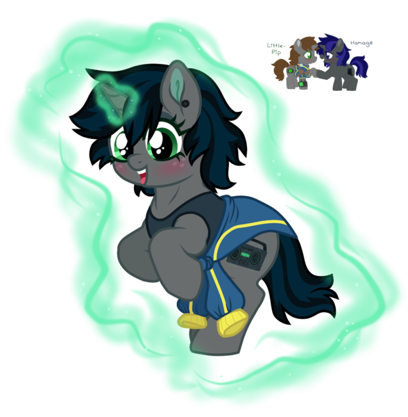 Size: 1406x1435 | Tagged: safe, artist:unoriginai, derpibooru import, oc, oc:homage, oc:littlepip, unofficial characters only, pony, unicorn, fallout equestria, fanfic, blushing, clothes, cute, ear piercing, fanfic art, female, freckles, glowing horn, grin, hooves, horn, magic, magical lesbian spawn, mare, offspring, open mouth, parent:oc:homage, parent:oc:littlepip, parents:oc x oc, piercing, pipbuck, shipping, simple background, smiling, solo, transparent background, vault suit