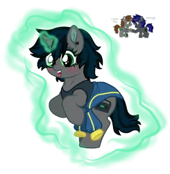 Size: 1406x1435 | Tagged: safe, artist:unoriginai, derpibooru import, oc, oc:homage, oc:littlepip, unofficial characters only, pony, unicorn, fallout equestria, fanfic, blushing, clothes, cute, ear piercing, fanfic art, female, freckles, glowing horn, grin, hooves, horn, magic, magical lesbian spawn, mare, offspring, open mouth, parent:oc:homage, parent:oc:littlepip, parents:oc x oc, piercing, pipbuck, shipping, simple background, smiling, solo, transparent background, vault suit
