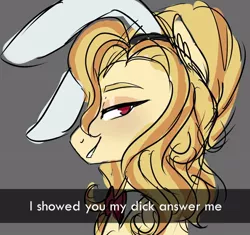 Size: 754x708 | Tagged: artist:fannytastical, bedroom eyes, blushing, bunny ears, bust, crystal pony, derpibooru import, futa, grin, intersex, oc, oc:lucky lightshow, smiling, snapchat, solo, solo futa, suggestive, unofficial characters only