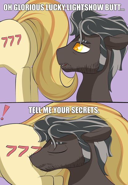 Size: 1416x2048 | Tagged: artist:wilshirewolf45, butt, caption, crystal pony, derpibooru import, dialogue, exclamation point, eyes closed, futa, image macro, intersex, male, oc, oc:lucky lightshow, plot, stallion, suggestive, tell me your secrets, text, unofficial characters only