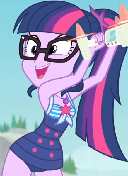 Size: 645x886 | Tagged: safe, derpibooru import, screencap, sci-twi, twilight sparkle, equestria girls, equestria girls series, forgotten friendship, clothes, cloud, cropped, cute, drone, female, geode of telekinesis, glasses, jewelry, magical geodes, necklace, outdoors, ponytail, sky, sleeveless, smiling, solo, swimsuit, tree, twiabetes