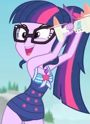 Size: 645x886 | Tagged: safe, derpibooru import, screencap, sci-twi, twilight sparkle, equestria girls, equestria girls series, forgotten friendship, clothes, cloud, cropped, cute, drone, female, geode of telekinesis, glasses, jewelry, magical geodes, necklace, outdoors, ponytail, sky, sleeveless, smiling, solo, swimsuit, tree, twiabetes