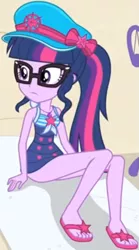Size: 475x856 | Tagged: safe, derpibooru import, screencap, sci-twi, twilight sparkle, equestria girls, equestria girls series, forgotten friendship, beach, beach towel, clothes, cropped, cute, feet, female, geode of telekinesis, glasses, hat, jewelry, legs, magical geodes, necklace, outdoors, ponytail, ribbon, sandals, sleeveless, solo, swimsuit, twiabetes