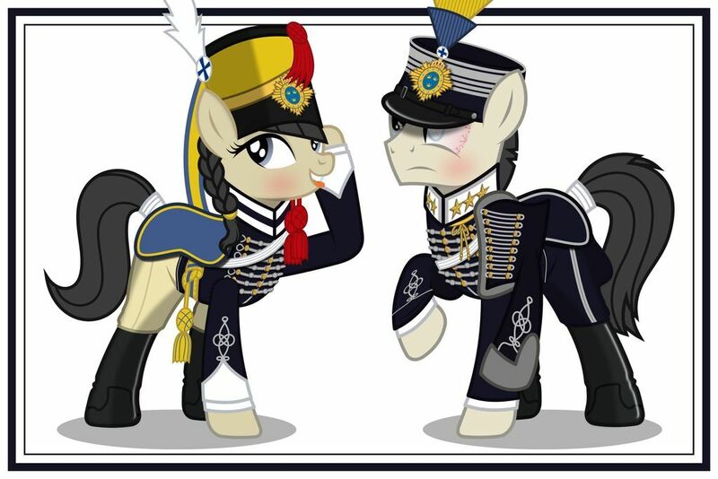 Size: 1024x683 | Tagged: safe, artist:brony-works, derpibooru import, earth pony, clothes, female, hussar, male, mare, simple background, stallion, sweden, uniform, white background