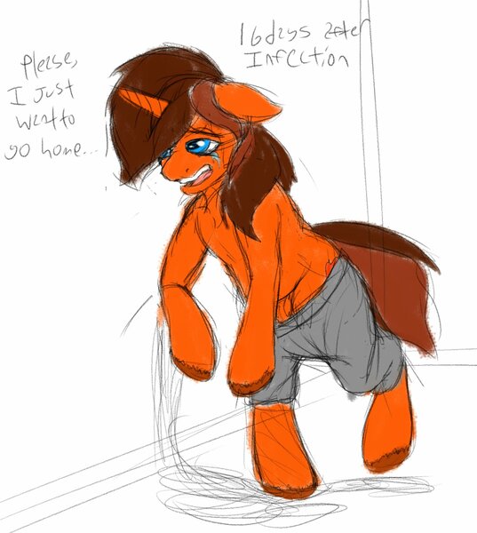 Size: 1852x2068 | Tagged: artist:mcsplosion, colored sketch, derpibooru import, eponavirus, human to pony, implied coronavirus, male to female, oc, oc:painterly flair, ponid-21, rule 63, safe, sketch, transformation