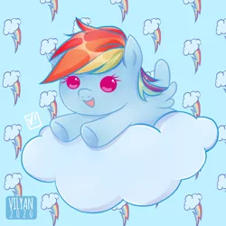 Size: 682x682 | Tagged: safe, artist:vilyann, derpibooru import, part of a set, rainbow dash, pegasus, pony, baby, baby dash, baby pony, baby rainbow dash, cloud, cute, cutie mark, dashabetes, female, filly, filly rainbow dash, foal, happy, mare, on a cloud, simple background, smiling, solo, weapons-grade cute, younger