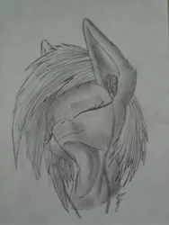 Size: 3456x4608 | Tagged: safe, artist:skanim-sdw, derpibooru import, oc, oc:darky wings, pegasus, pony, black and white, eyes closed, grayscale, headphones, listening, monochrome, smiling, traditional art