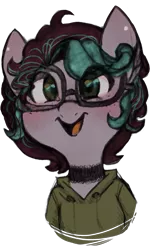 Size: 729x1200 | Tagged: safe, artist:hippykat13, derpibooru import, oc, oc:kitty sweet, unofficial characters only, pegasus, pony, blushing, clothes, curly hair, cute, digital art, ear piercing, earring, female, freckles, glasses, hoodie, jewelry, mare, open mouth, piercing, ponysona, short hair, short mane, simple background, sketch, smiling, solo, traditional art, transparent background