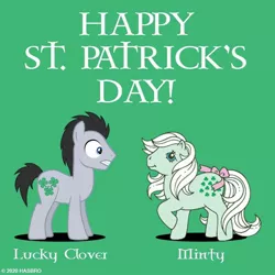 Size: 1080x1080 | Tagged: safe, derpibooru import, official, lucky clover, minty (g1), earth pony, pony, clover, duo, female, g1, green background, happy st. patrick's day, holiday, male, mare, saint patrick's day, shamrock, simple background, stallion