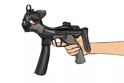 Size: 1500x1000 | Tagged: suggestive, artist:andromailus, derpibooru import, oc, ponified, gun pony, human, object pony, original species, pony, gun, gunpony, hand, i can't believe it's not badumsquish, mp5, offscreen character, offscreen human, simple background, solo, wat, weapon, white background