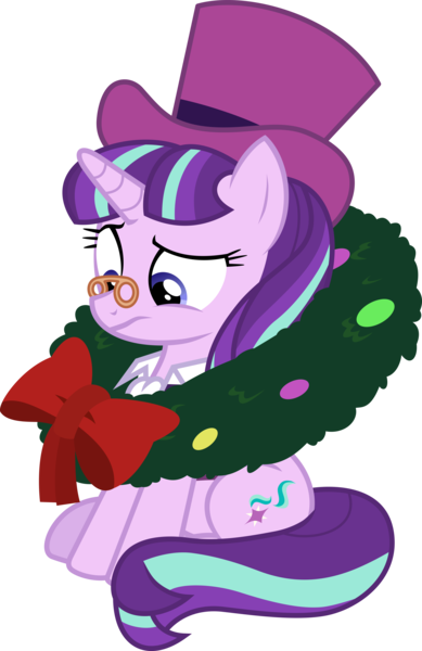 Size: 7854x12112 | Tagged: safe, artist:uigsyvigvusy, derpibooru import, snowfall frost, starlight glimmer, unicorn, a hearth's warming tail, absurd resolution, clothes, female, hat, mare, simple background, solo, spectacles, top hat, transparent background, vector, wreath