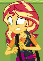 Size: 643x898 | Tagged: safe, derpibooru import, screencap, sunset shimmer, equestria girls, equestria girls series, forgotten friendship, canterlot high, cropped, female, geode of empathy, hallway, lockers, magical geodes, shrunken pupils, solo