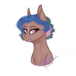 Size: 2160x2160 | Tagged: safe, artist:rise_of_evil_69, derpibooru import, oc, unofficial characters only, earth pony, pony, blue mane, bust, ears, ears up, eyebrows, female, green mane, mare, pink eyes, pink mane, portrait, simple background, smiley, white background