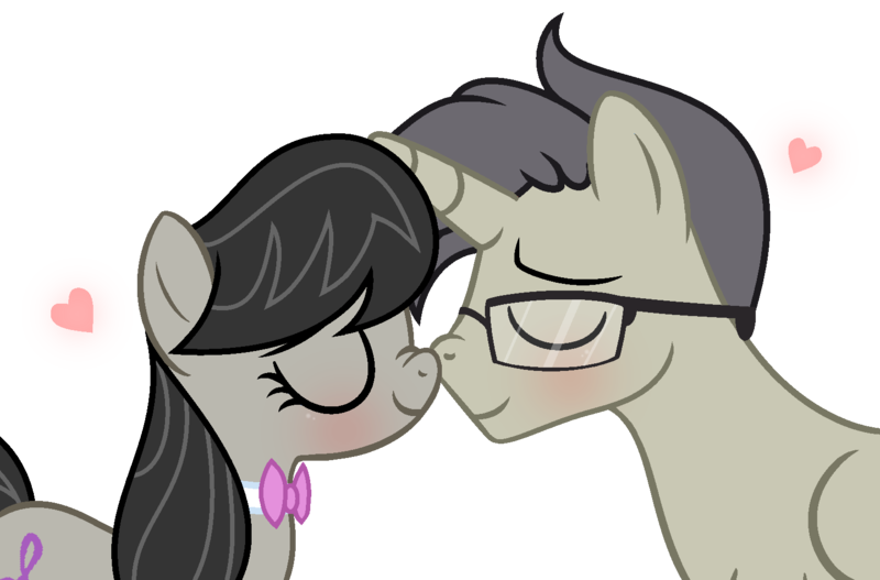 Size: 1557x1026 | Tagged: safe, artist:darbypop1, derpibooru import, octavia melody, oc, oc:nico (i-mlp2020), pony, unicorn, canon x oc, female, glasses, male, nicotavia, nuzzling, simple background, stallion, straight, transparent background