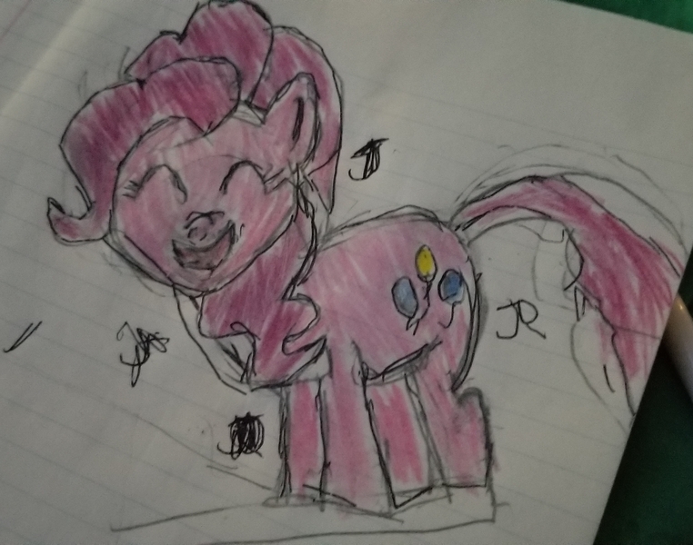 Size: 2490x1960 | Tagged: safe, artist:joeydr, derpibooru import, pinkie pie, earth pony, pony, eyes closed, female, lined paper, mare, open mouth, signature, simple background, solo, traditional art