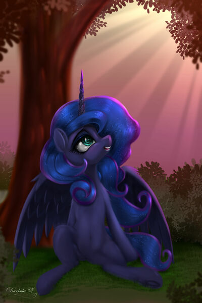 Size: 2800x4200 | Tagged: safe, artist:darksly, derpibooru import, princess luna, alicorn, pony, bush, commission, female, grass, looking up, mare, outdoors, sitting, solo, traditional art, tree