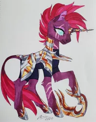 Size: 2048x2607 | Tagged: safe, artist:creeate97, derpibooru import, tempest shadow, classical unicorn, pony, unicorn, alternate design, armor, broken horn, cloven hooves, eye scar, female, helmet, horn, leonine tail, mare, marker drawing, prosthetic horn, prosthetics, scar, simple background, solo, tempest gets her horn back, traditional art, unshorn fetlocks, white background