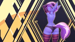 Size: 1920x1077 | Tagged: suggestive, artist:whisperfoot, derpibooru import, oc, oc:berry frost, anthro, earth pony, anthro oc, arms over head, arm warmers, art deco, ass, back, back dimples, blushing, butt, butt dimples, butt freckles, chest freckles, clothes, crotch bulge, ear fluff, ear freckles, femboy, freckles, large butt, looking at you, looking back, male, modern art, multicolored hair, panties, pinup, presenting, raised arm, raised tail, shoulder fluff, shoulder freckles, socks, solo, striped socks, tail, thicc ass, thick, thigh squish, underwear, wallpaper, wide hips