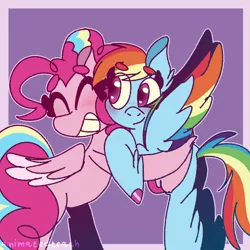 Size: 1000x1000 | Tagged: safe, artist:rubyg242, derpibooru import, pinkie pie, rainbow dash, pegasus, pony, g5, leak, spoiler:g5, colored wings, duo, female, hooves, hug, lesbian, mare, multicolored wings, pinkie pie (g5), pinkiedash, rainbow dash (g5), rainbow wings, redesign, shipping, simple background, smiling, spread wings, wings