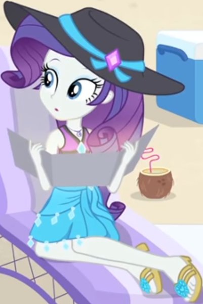 Size: 513x768 | Tagged: safe, derpibooru import, screencap, rarity, equestria girls, equestria girls series, forgotten friendship, beach, beach chair, bikini, bikini top, clothes, coconut, cooler, cropped, cute, diamond, female, food, geode of shielding, hat, jewelry, legs, magical geodes, midriff, necklace, outdoors, raribetes, sandals, solo, straw, swimsuit, tanning mirror