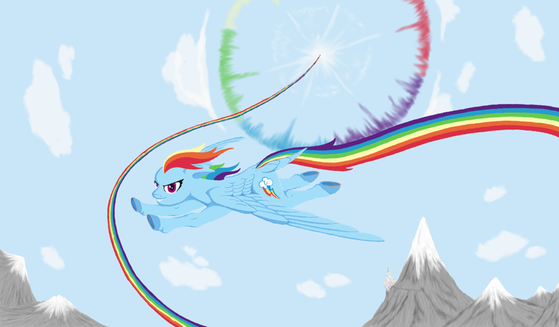 Size: 1500x880 | Tagged: safe, artist:auren-dawnstar, derpibooru import, rainbow dash, pegasus, pony, badass, cloud, female, flying, hooves, mare, mountain, sky, solo, sonic rainboom, spread wings, wings