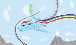 Size: 1500x880 | Tagged: safe, artist:auren-dawnstar, derpibooru import, rainbow dash, pegasus, pony, badass, cloud, female, flying, hooves, mare, mountain, sky, solo, sonic rainboom, spread wings, wings