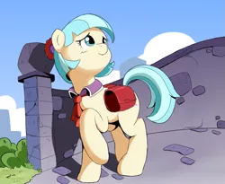 Size: 831x680 | Tagged: safe, artist:vinilyart, derpibooru import, coco pommel, earth pony, pony, bridge, cocobetes, corral park, cute, female, looking up, manehattan, mare, one hoof raised, solo