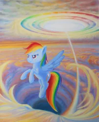 Size: 2400x2965 | Tagged: safe, artist:quantumsouls, derpibooru import, rainbow dash, pegasus, pony, cloud, cloudy, epic, female, flying, grin, high res, mare, rainbow trail, sky, smiling, solo, sonic rainboom, spread wings, traditional art, wings