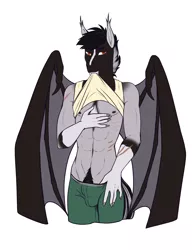 Size: 3274x4182 | Tagged: suggestive, artist:blackblood-queen, derpibooru import, oc, oc:damion bates, unofficial characters only, anthro, bat pony, anthro oc, bat pony oc, bat wings, clothes, digital art, fangs, male, mouth hold, scar, shirt, shirt lift, simple background, slit eyes, solo, solo male, stallion, wings