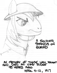 Size: 2166x2769 | Tagged: safe, artist:midnite99, derpibooru import, earth pony, pony, black and white, grayscale, monochrome, text, traditional art, tribute, world war i
