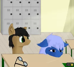 Size: 2000x1800 | Tagged: safe, artist:thekamko, derpibooru import, oc, oc:computer mouse, oc:kamko blueblood, unofficial characters only, bat pony, dracony, dragon, earth pony, hybrid, pony, classroom, curious, desk, ear fluff, fangs, gay, glasses, lockers, male, notebook, oc x oc, pencil case, sad, shipping, tired