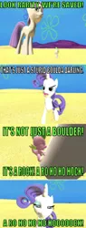 Size: 368x966 | Tagged: safe, artist:undeadponysoldier, derpibooru import, maud pie, rarity, spike, earth pony, pony, unicorn, series:spikebob scalepants, 3d, comic, cute, female, funny, giant pony, gmod, happy, hoof hugs, hugging leg, it's a rock, macro, mare, parody, pizza delivery, pun, rarity is not amused, reference, silly, sobbing, spongebob squarepants, unamused
