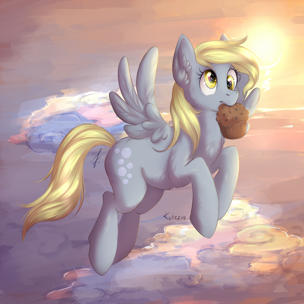 Size: 1250x1250 | Tagged: safe, artist:gocholudek, artist:kotezio, derpibooru import, derpy hooves, pegasus, pony, cloud, ear fluff, female, flying, food, mare, mouth hold, muffin, redraw, sky, solo, spread wings, sun, that pony sure does love muffins, wings